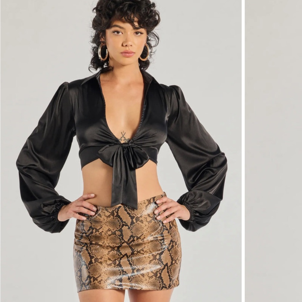 Black Satin Tie-Front Top